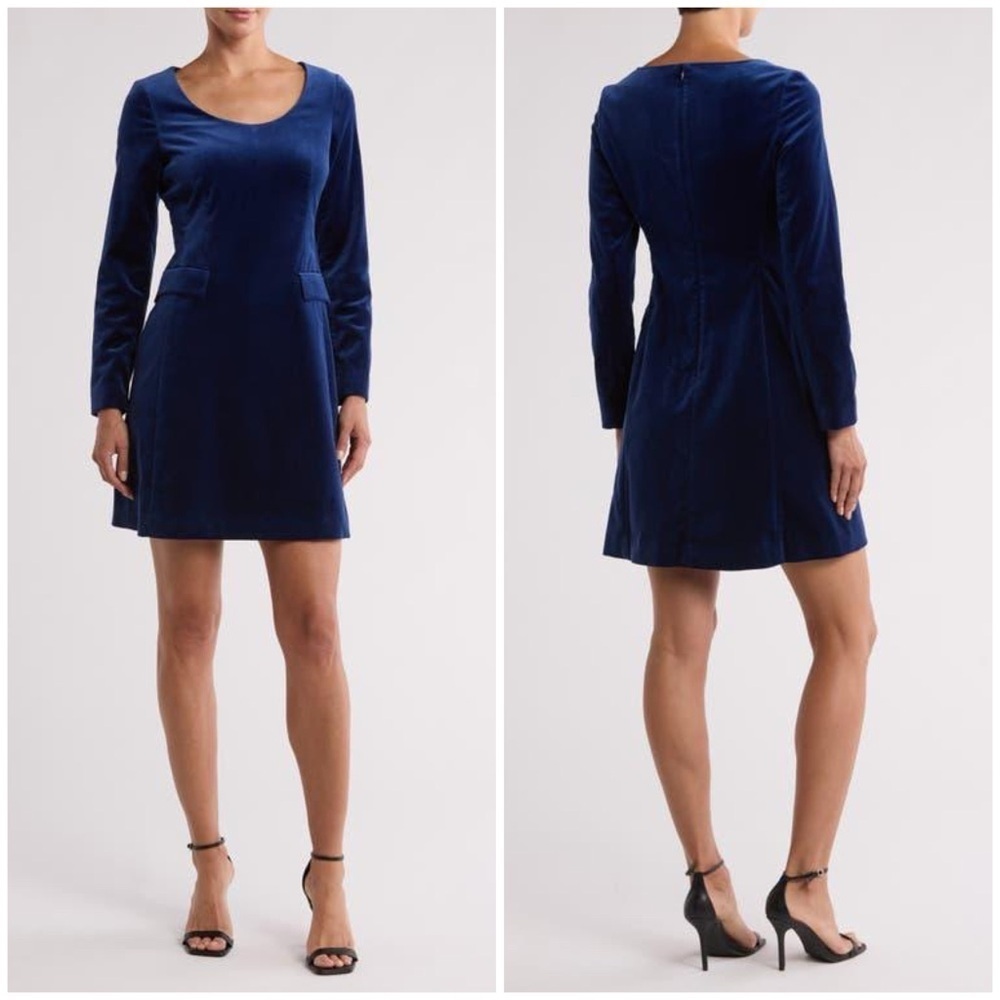 New Theory Stretch Velvet Velour Shift Dress Flap Pockets Long Sleeve Blue Sz 2